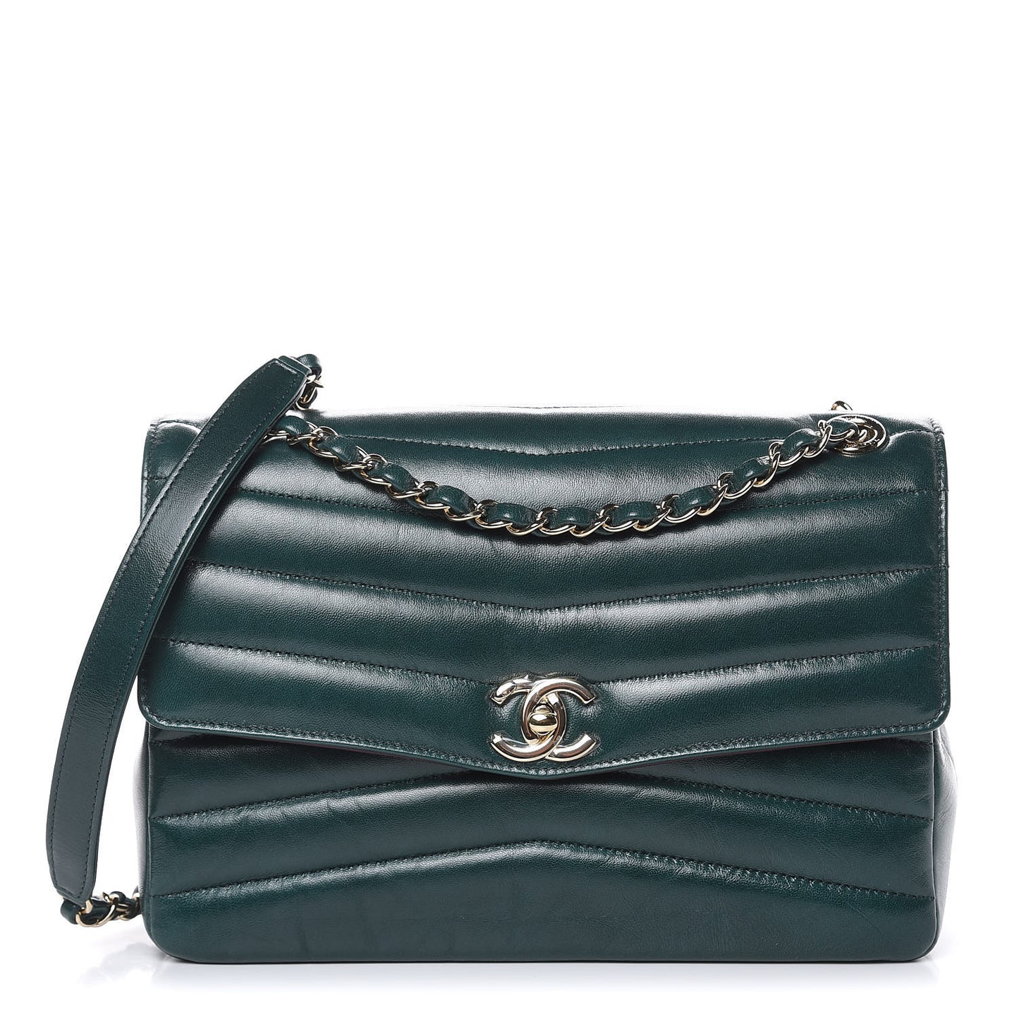 Shiny Lambskin Quilted Chevron Miroir Dark Green
