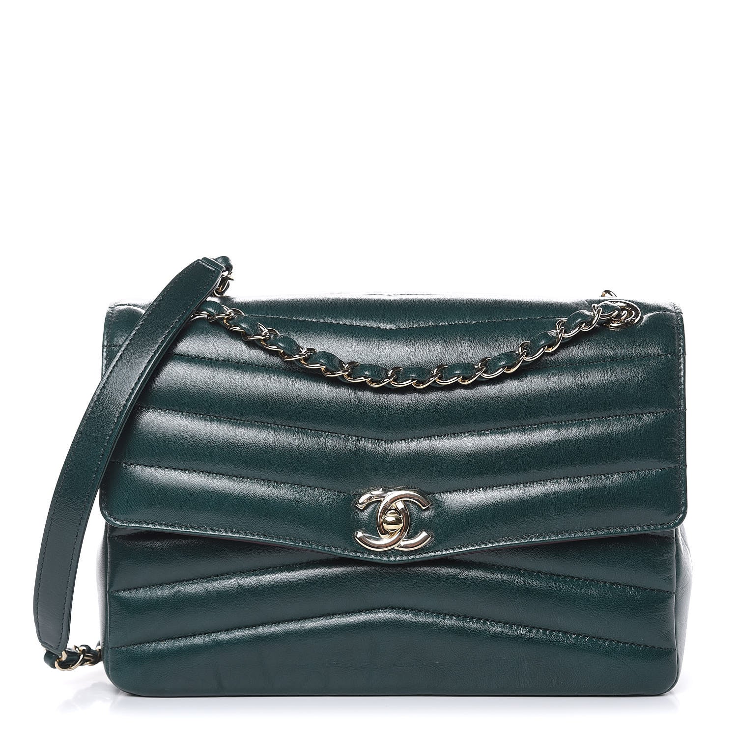 Chanel Shiny Lambskin Quilted Chevron Miroir Dark Green 1 of 14