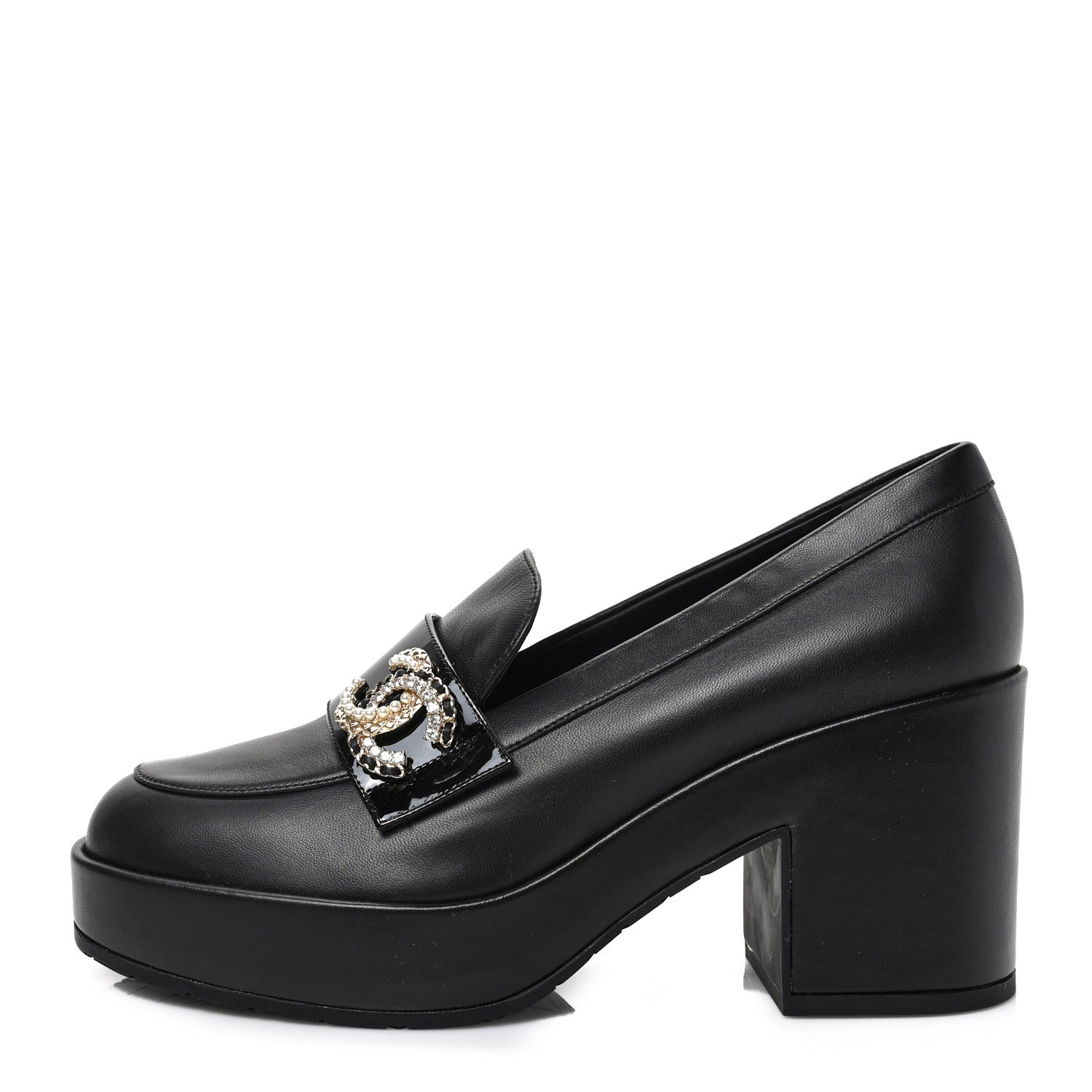 Chanel Lambskin Pearl Crystal Quilted CC Loafers 40 Black 1 of 8