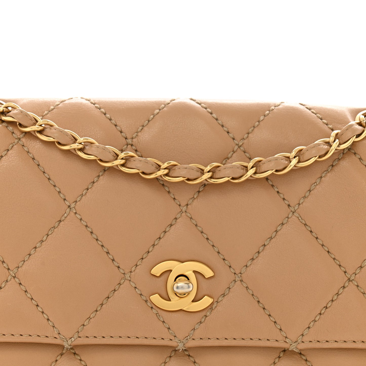 Calfskin Quilted Medium Wild Stitch Flap Beige