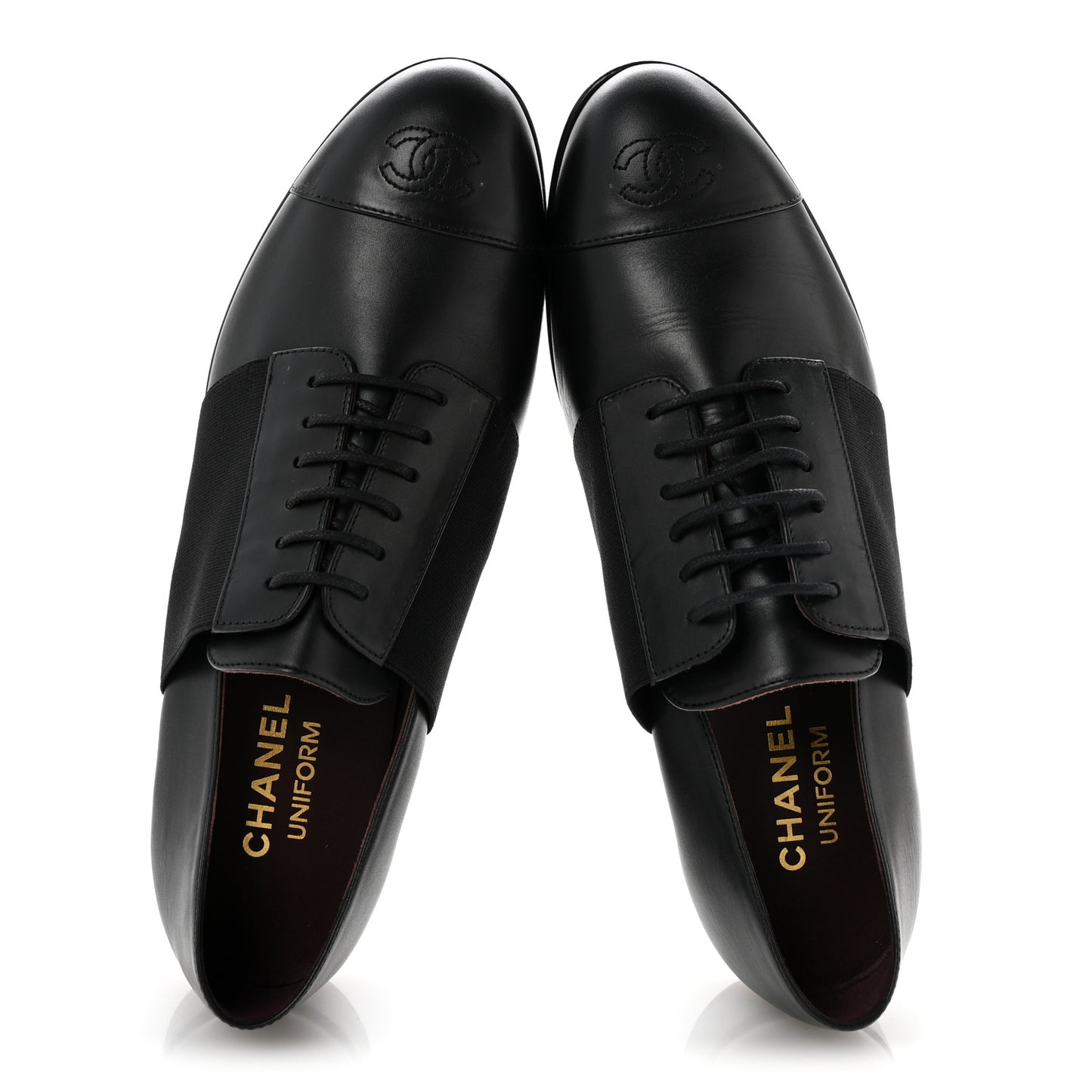Calfskin Elastic Lace Up Cap Toe CC Loafers 40 Black