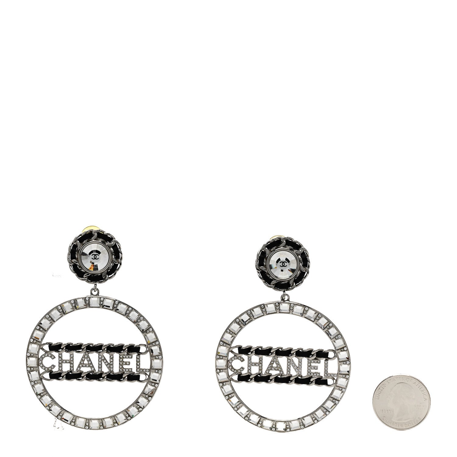 Chanel Crystal Lambskin Chain CC Hoop Clip On Earrings Black Silver 2 of 4