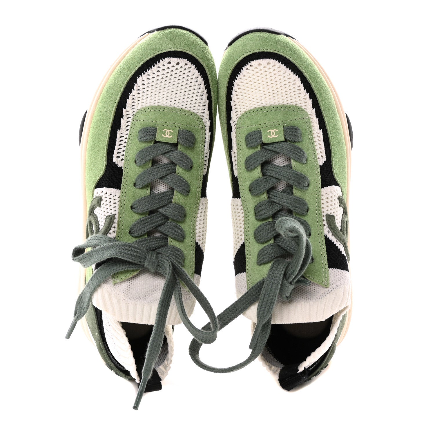 Chanel Knit Suede Fabric Womens CC Sneakers 40 Green Dark Green White Black 2 of 8