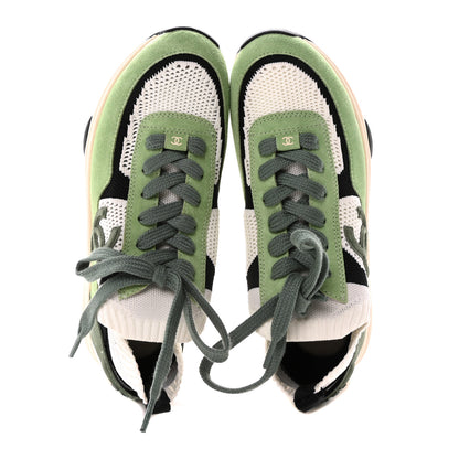 Chanel Knit Suede Fabric Womens CC Sneakers 40 Green Dark Green White Black 2 of 8