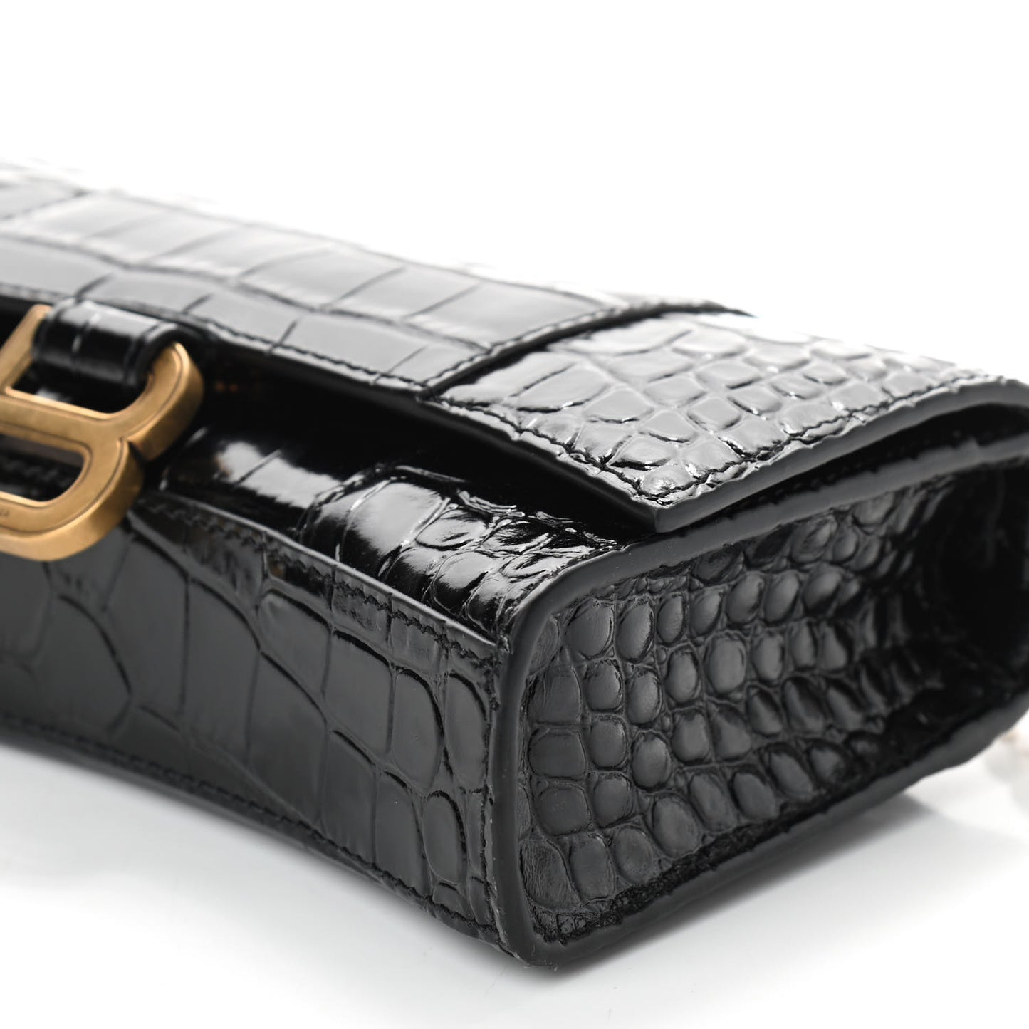 Shiny Calfskin Crocodile Embossed Hourglass Chain Bag Black