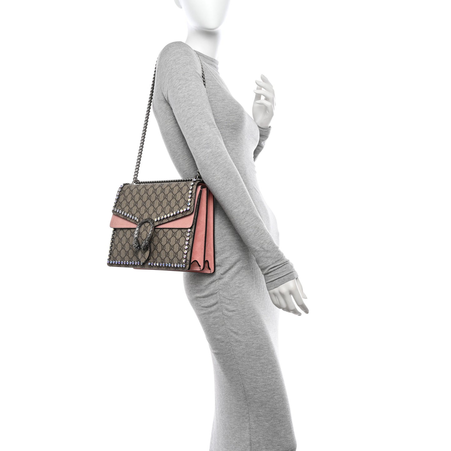 GG Supreme Monogram Suede Crystal Medium Dionysus Shoulder Bag Beige Ebony Light Peonia