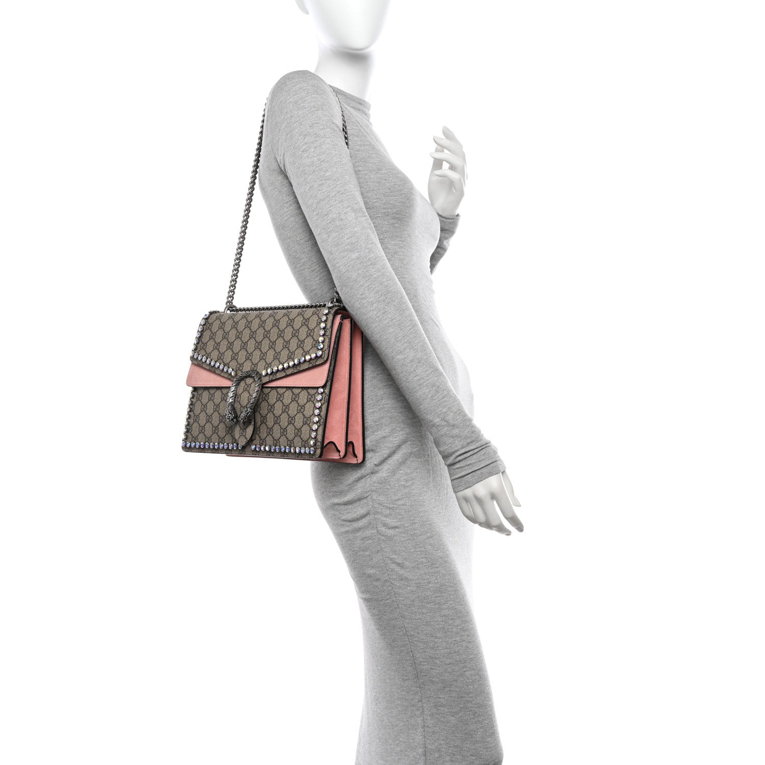 Gucci GG Supreme Monogram Suede Crystal Medium Dionysus Shoulder Bag Beige Ebony Light Peonia 2 of 13