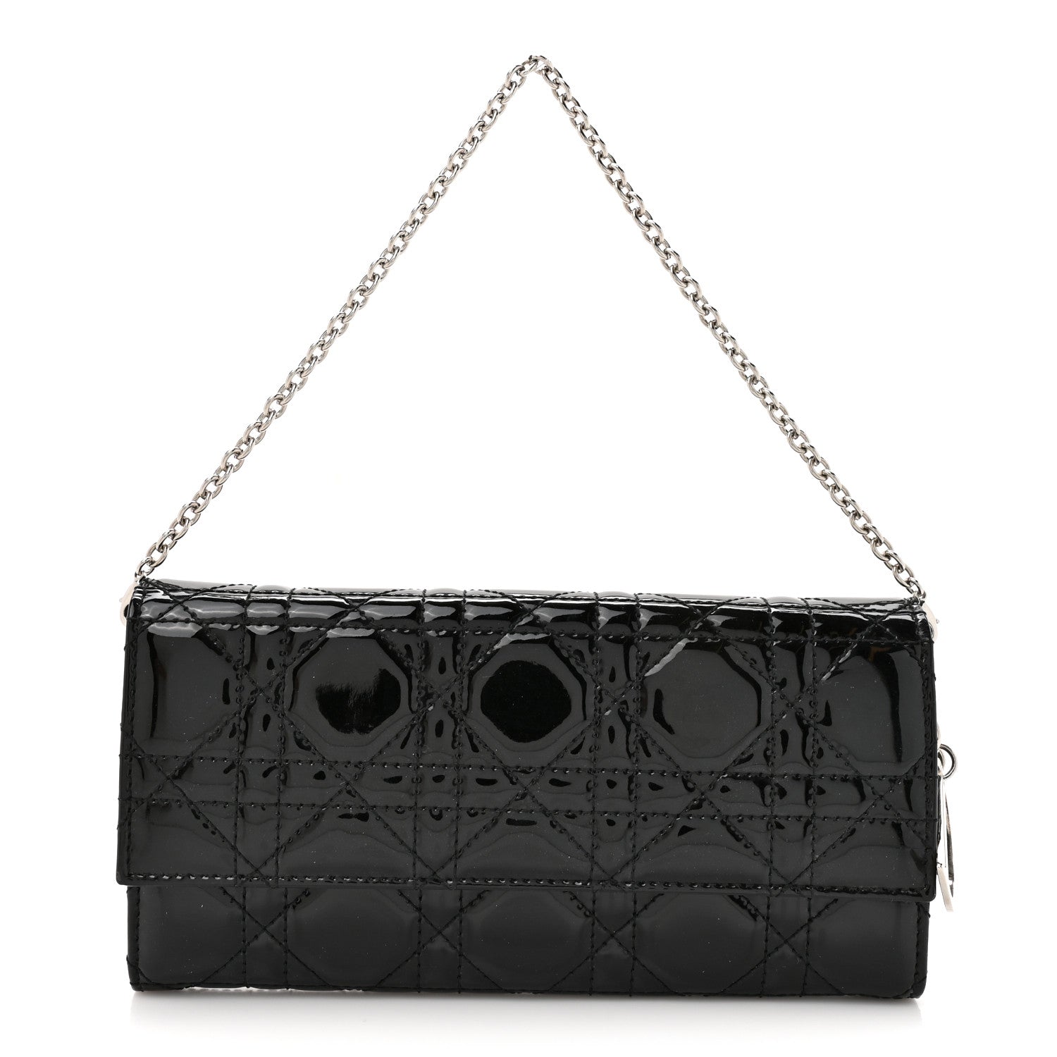 Christian Dior Patent Lambskin Cannage Lady Dior Rendezvous Wallet On Chain Black 1 of 12