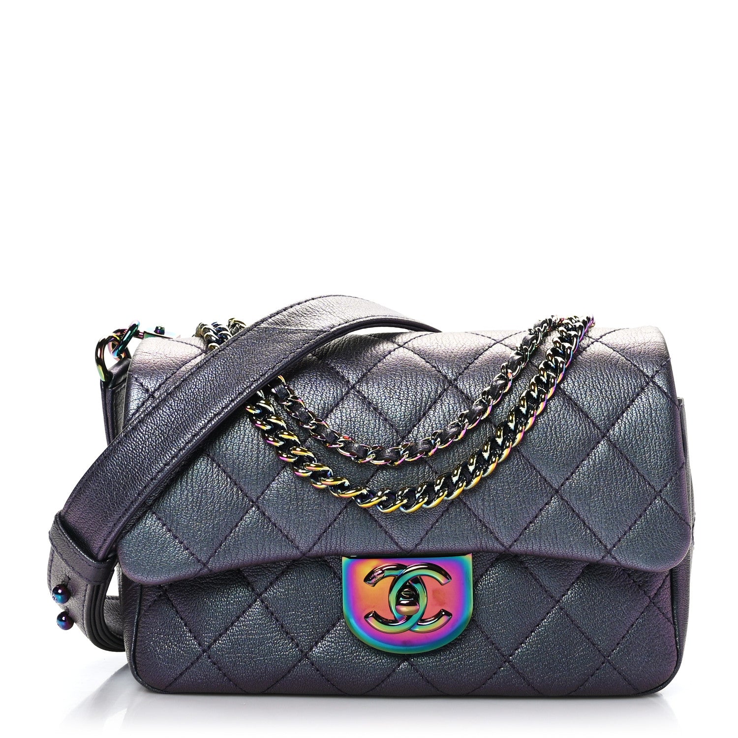 Chanel Iridescent Goatskin Quilted Small Double Carry Waist Chain Flap Purple 1 of 9