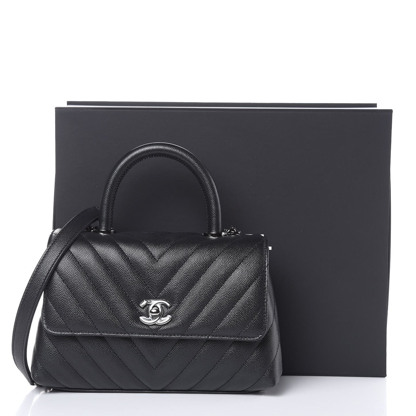 Caviar Chevron Quilted Mini Coco Handle Flap Black