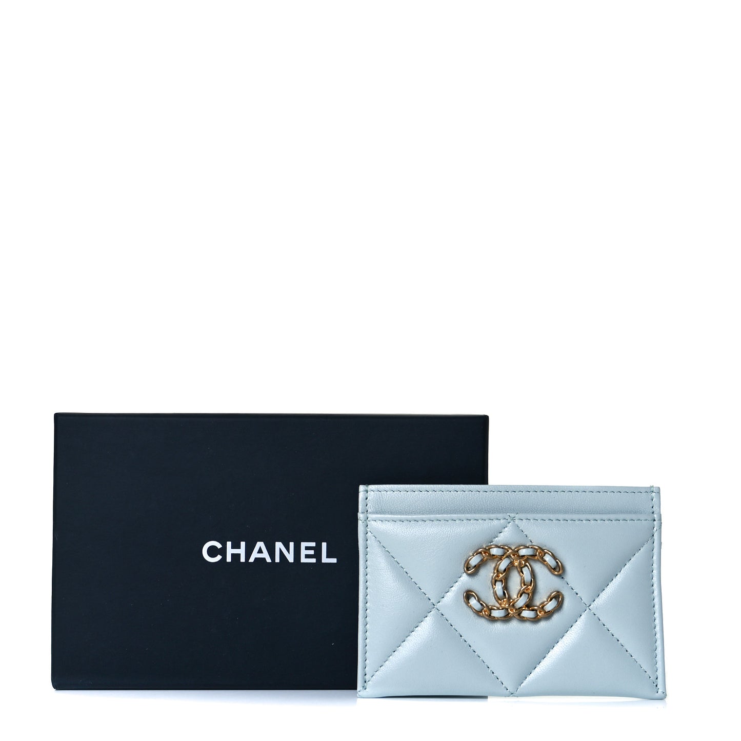 Lambskin Quilted Chanel 19 Card Holder Light Blue