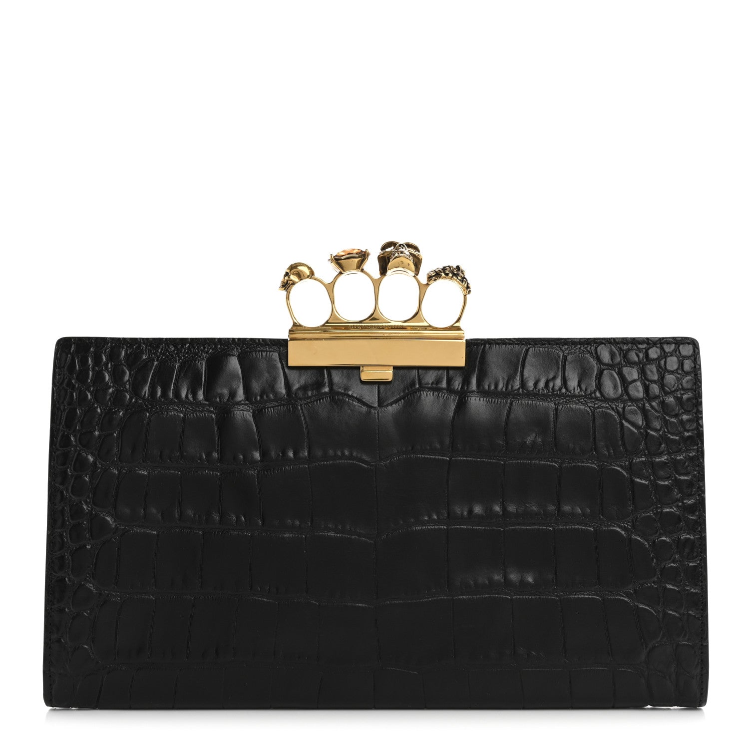 Alexander McQueen Calfskin Crocodile Embossed Knuckle Flat Clutch Black 1 of 11