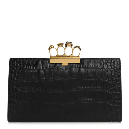 Alexander McQueen Calfskin Crocodile Embossed Knuckle Flat Clutch Black 1 of 11