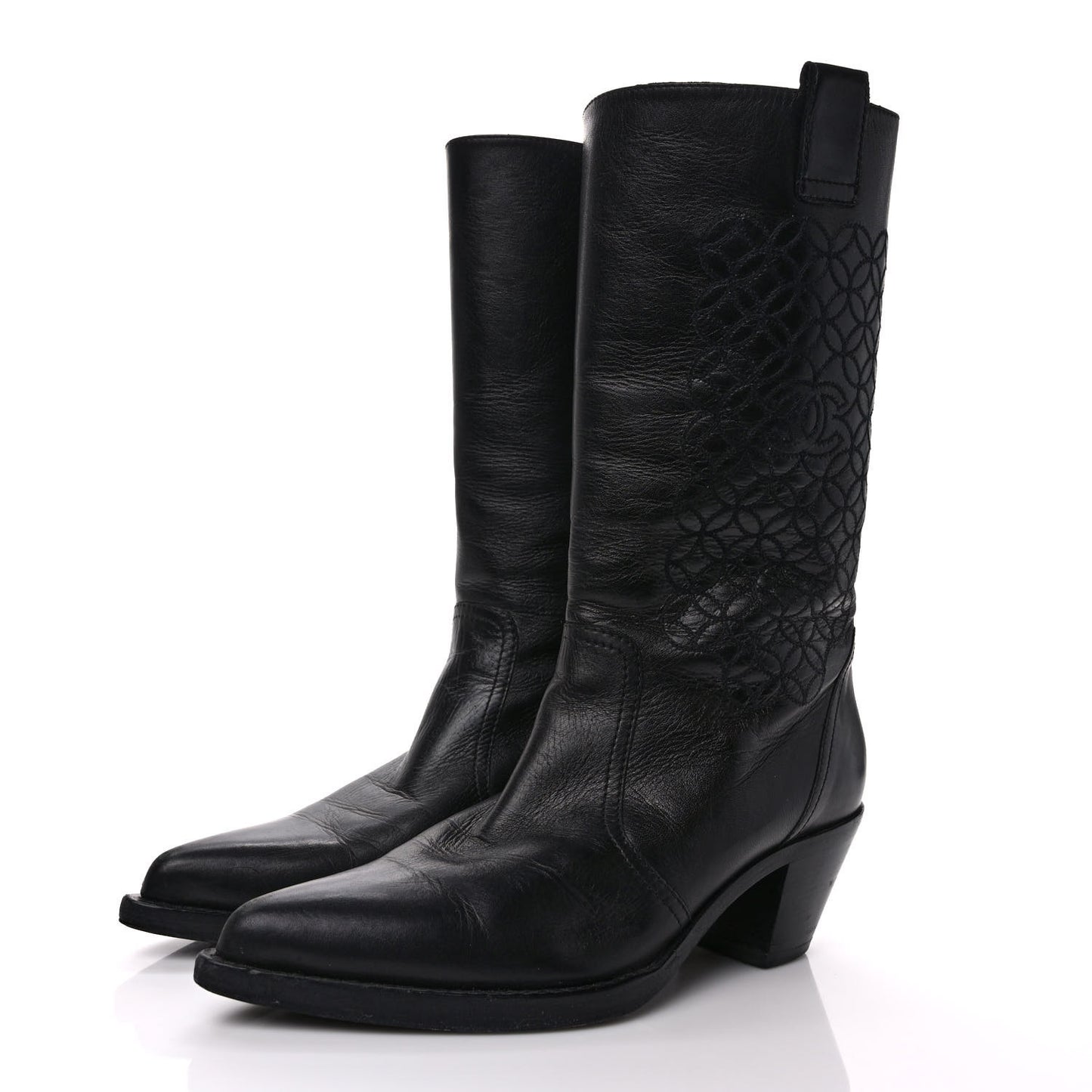 Calfskin Embroidered Western Cowboy Boots 39 Black