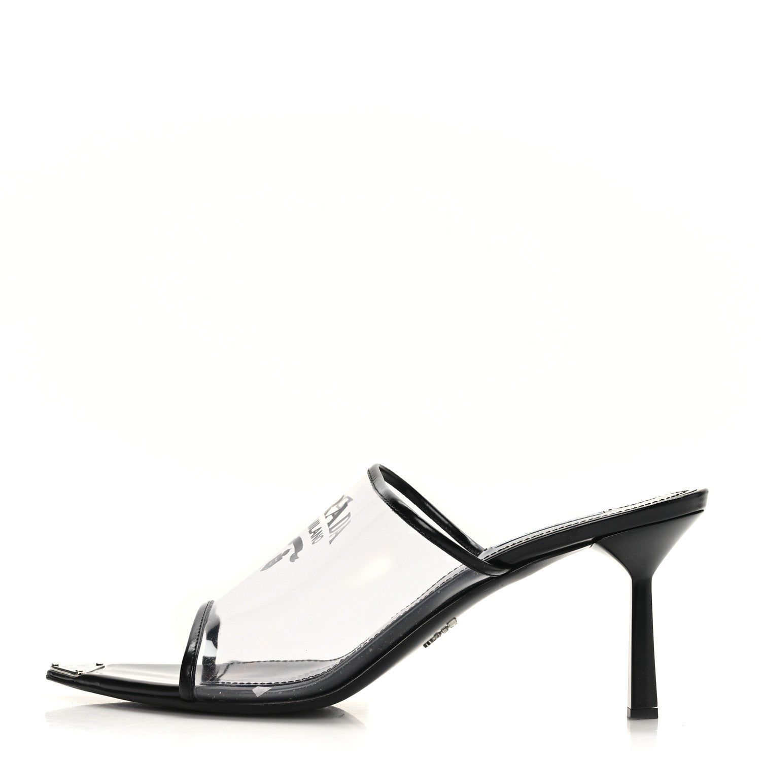 Prada Plexiglass Calfskin Metal Triangle Logo 75mm Slide Sandals 41 Black 1 of 8