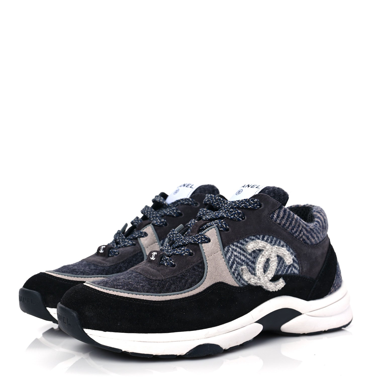 Chanel Fabric Suede Calfskin CC Sneakers 39 Black Grey Dark Grey 3 of 6