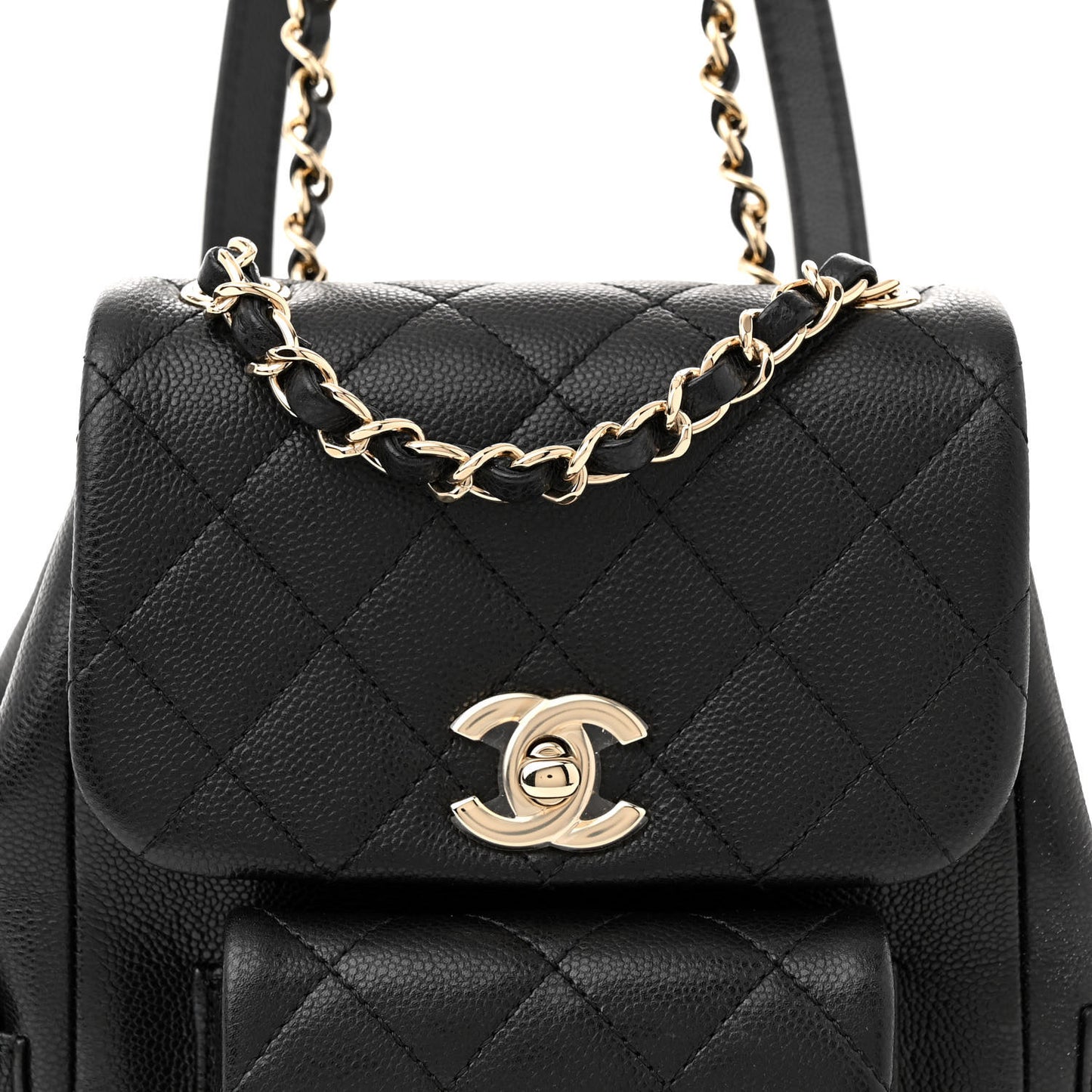 Shiny Caviar Quilted Small Pockets Drawstring Backpack Black