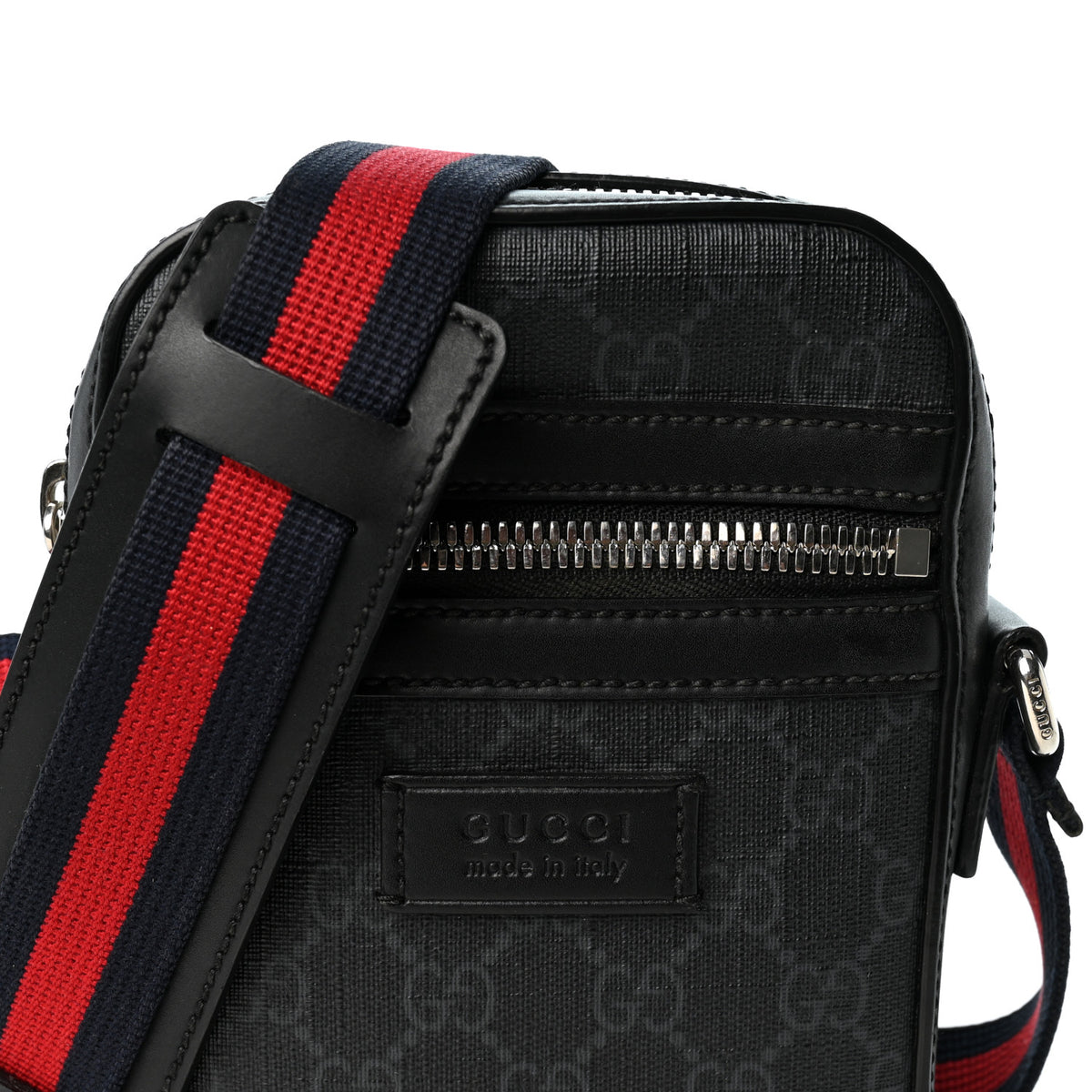 GG Supreme Monogram Appia Calfskin Web Small Camera Messenger Bag Black Grey
