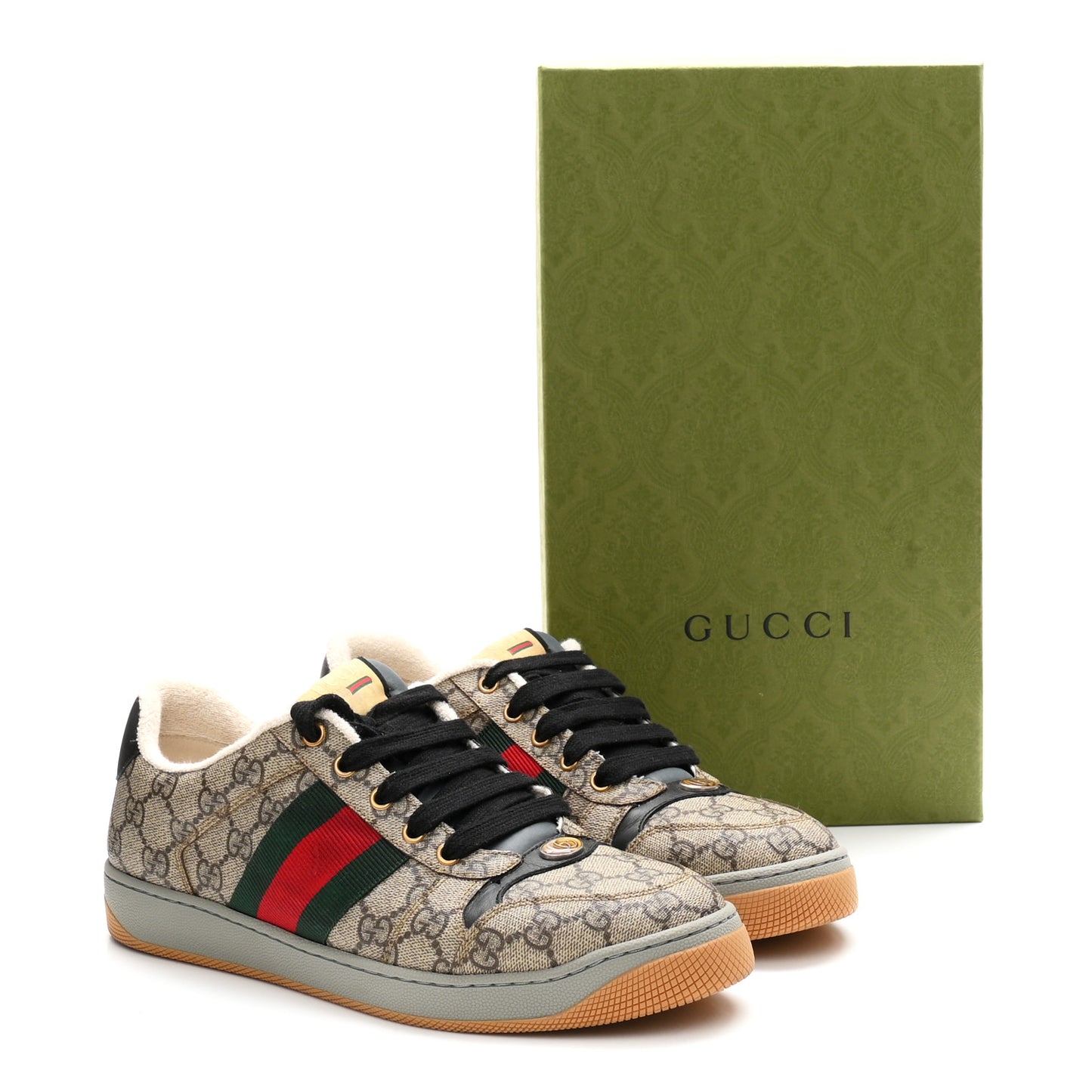 GG Supereme Monogram Miro Soft Calfskin Web Mens Screener Sneakers 8 Beige Ebony Black New Platinum