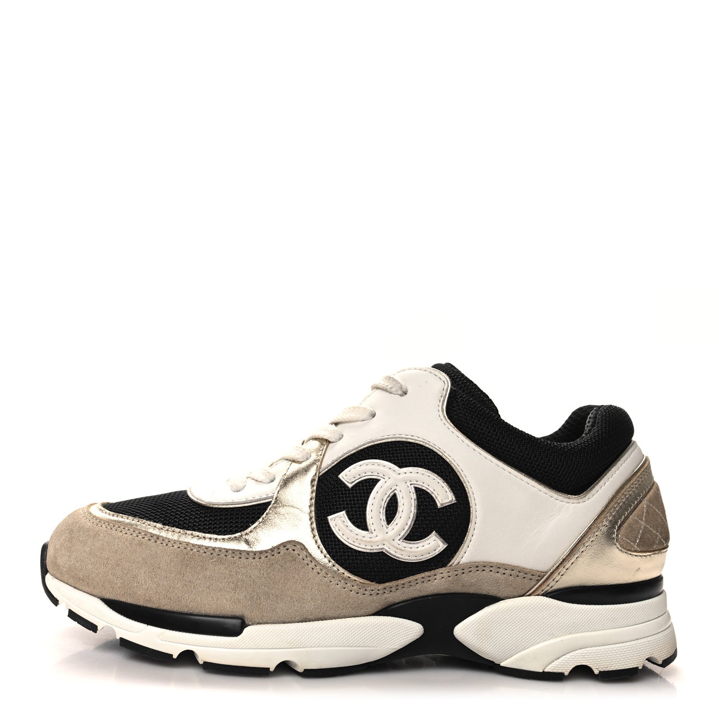 Mesh Suede Calfskin CC Sneakers 39.5 White Black Beige Gold