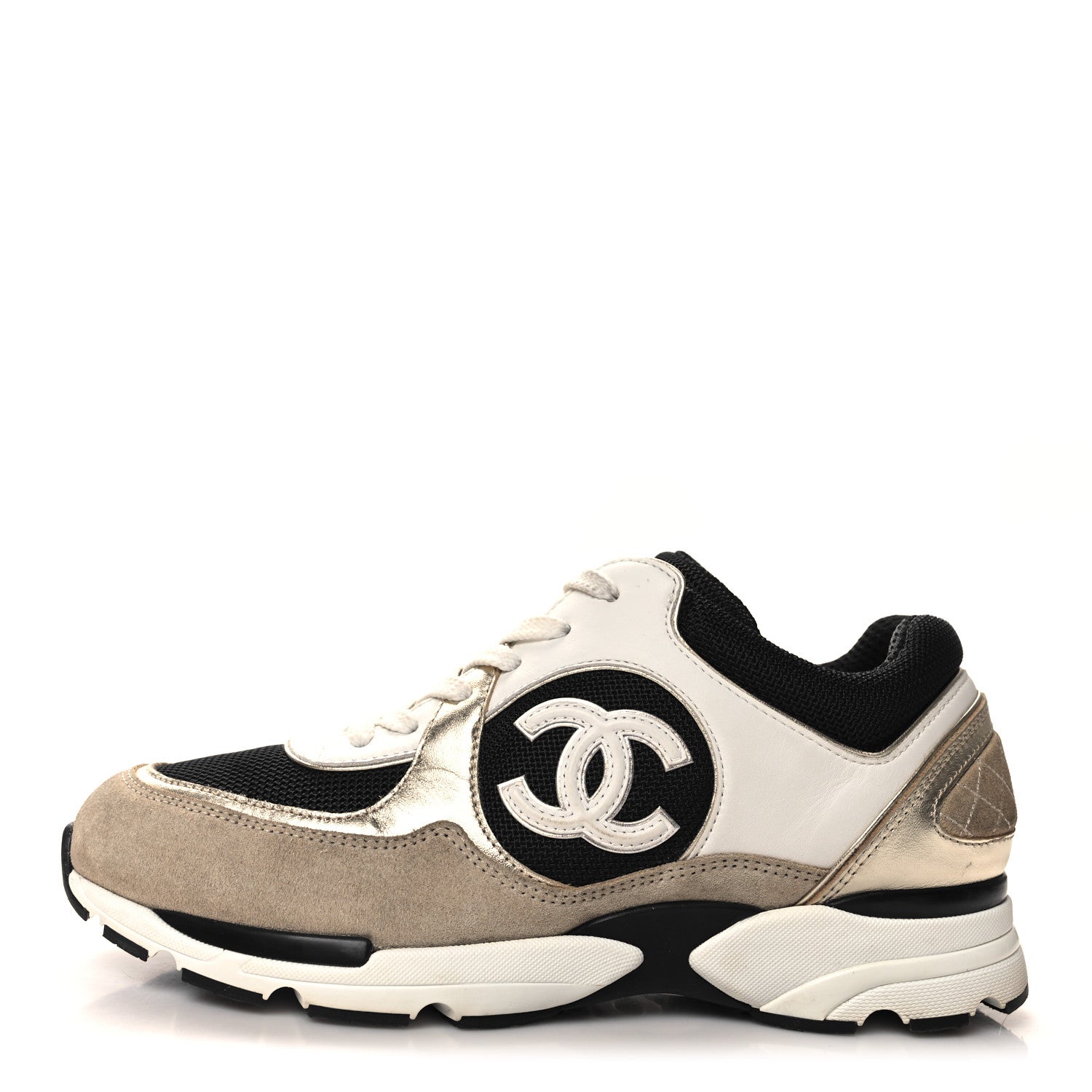 Chanel Mesh Suede Calfskin CC Sneakers 39.5 White Black Beige Gold 1 of 9