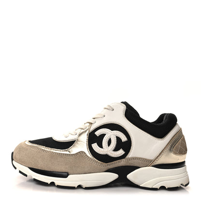 Chanel Mesh Suede Calfskin CC Sneakers 39.5 White Black Beige Gold 1 of 9
