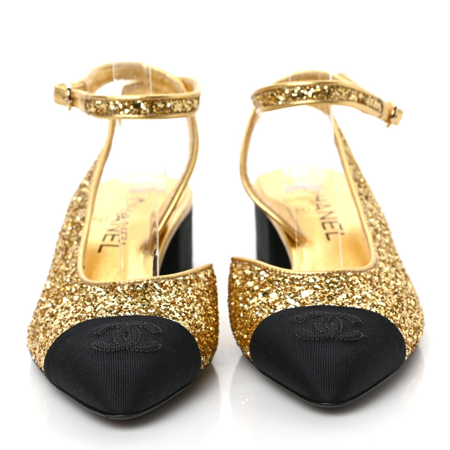 Glitter Grosgrain Cap Toe CC Slingback Pumps 36.5 Gold Black
