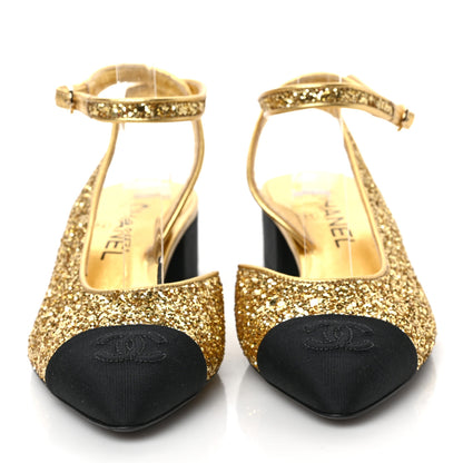 Chanel Glitter Grosgrain Cap Toe CC Slingback Pumps 36.5 Gold Black 2 of 8