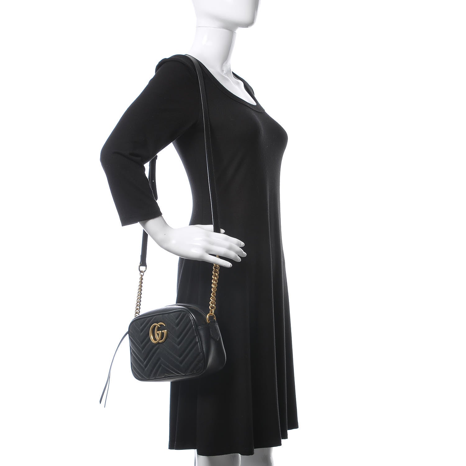 Gucci Calfskin Matelasse Small GG Marmont Chain Shoulder Bag Black 2 of 8