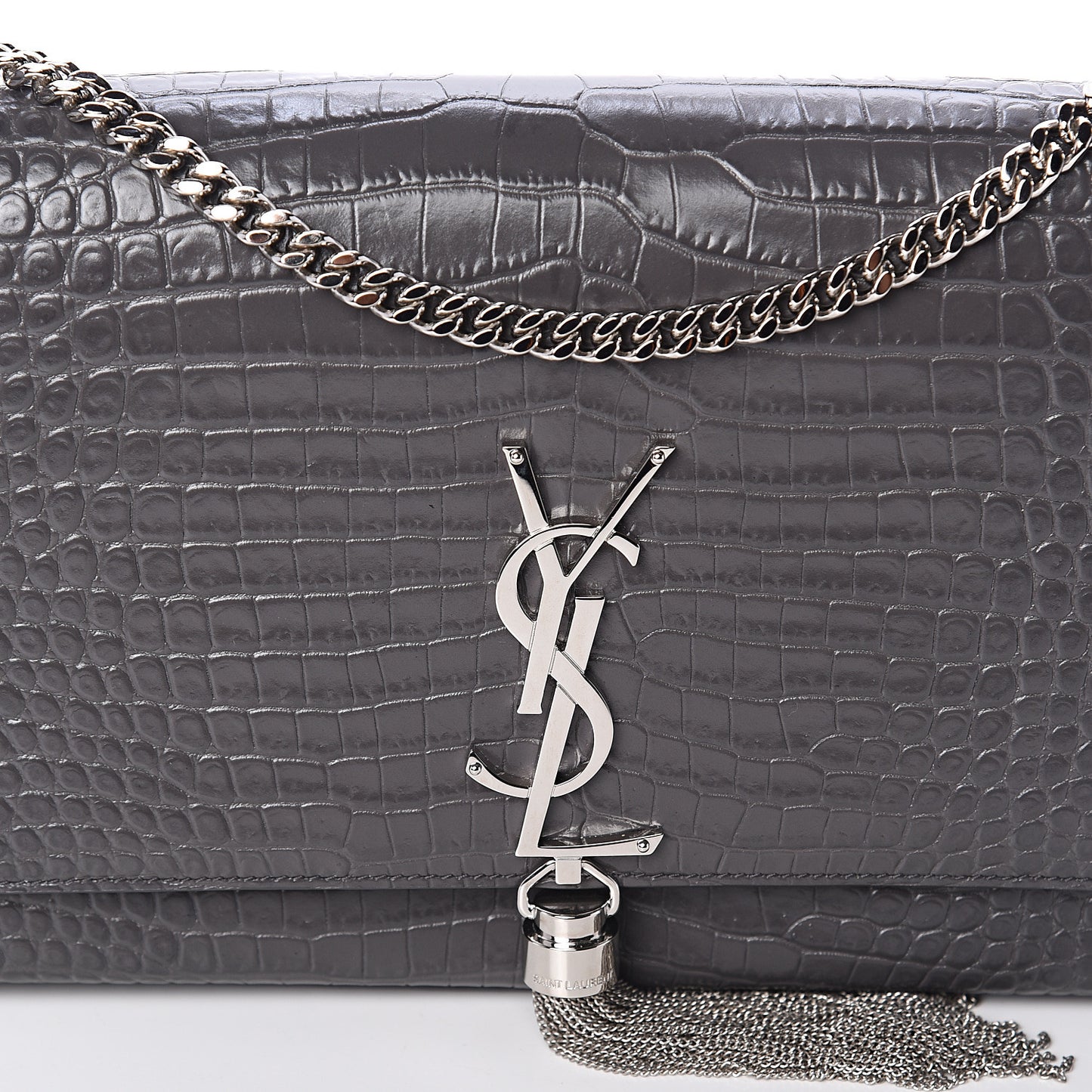 Calfskin Crocodile Embossed Medium Classic Monogram Kate Tassel Satchel Storm