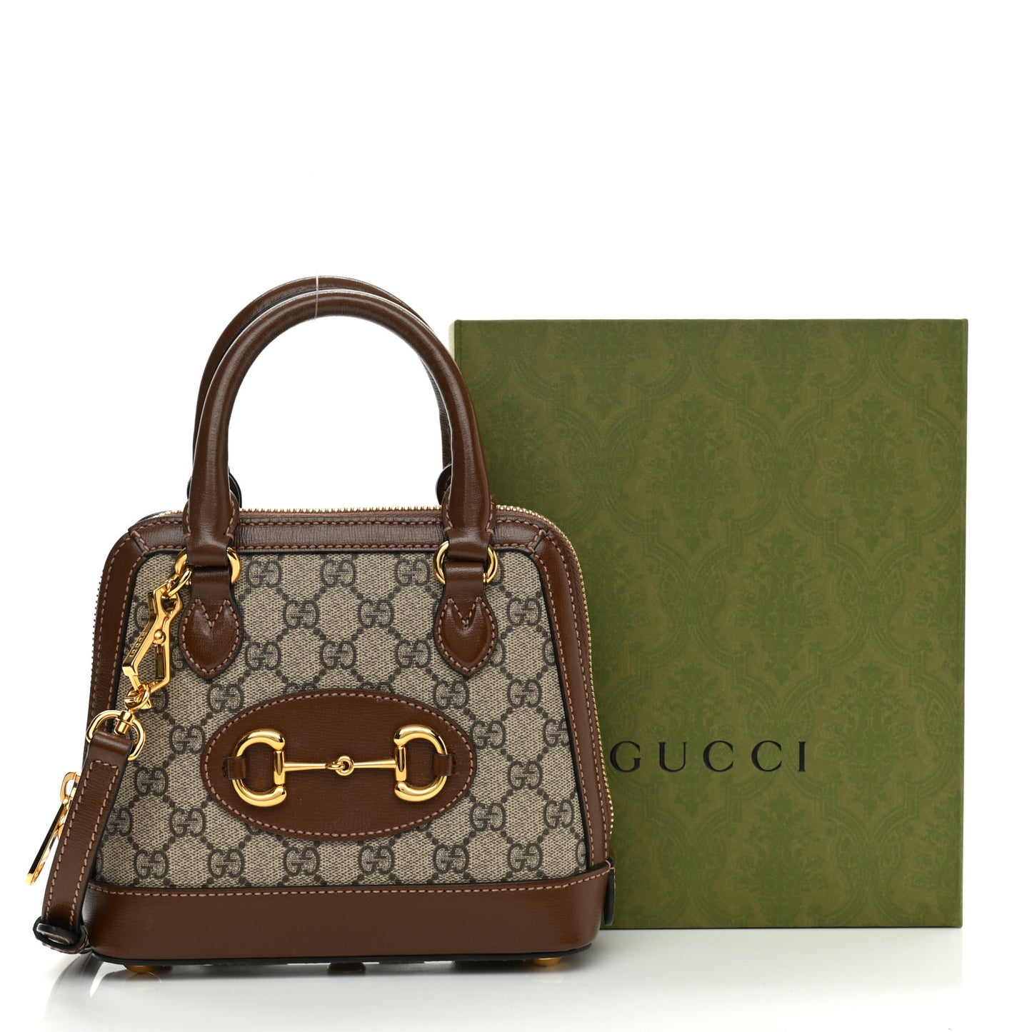 GG Supreme Monogram Azalea Calfskin Mini Horsebit 1955 Top Handle Bag Beige Ebony Brown Sugar