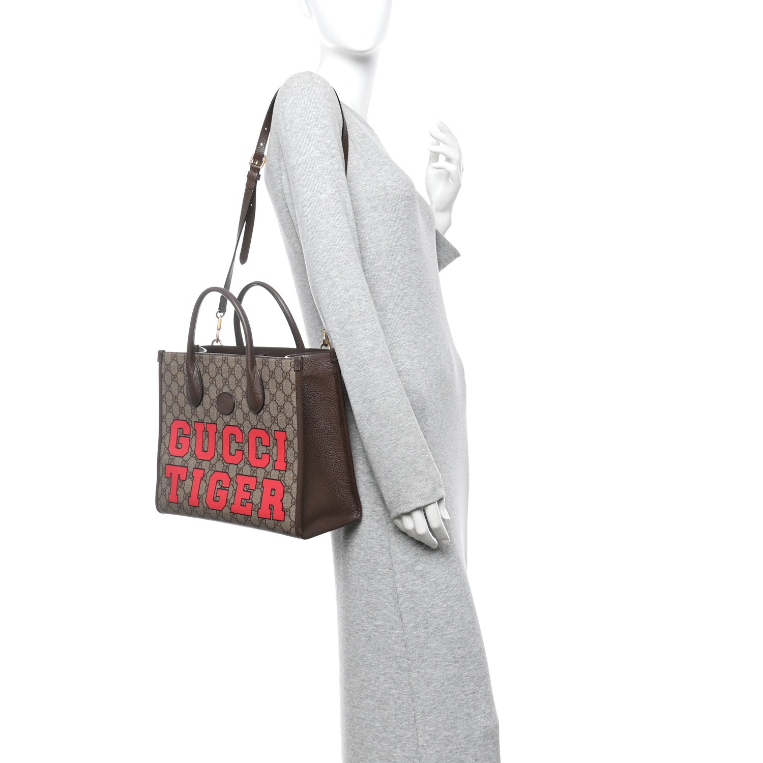 Gucci GG Supreme Monogram Textured Dollar Calfskin Web Gucci Tiger Small Retro Interlocking G Tote Bag Beige Ebony Live Red New Shamarock New Acero 2 of 9