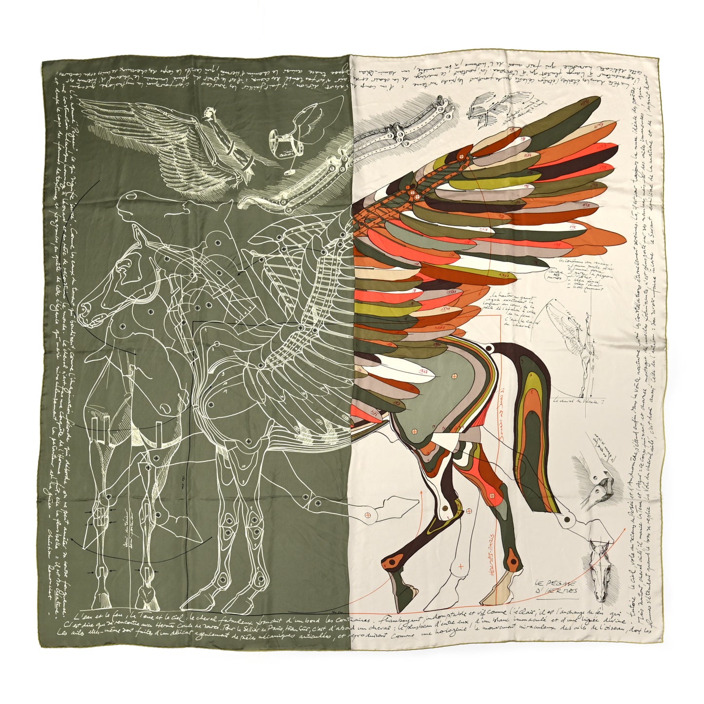 Silk Le Pegase d'Hermes Cut Wash 140 Scarf Kaki Gris Perle Or