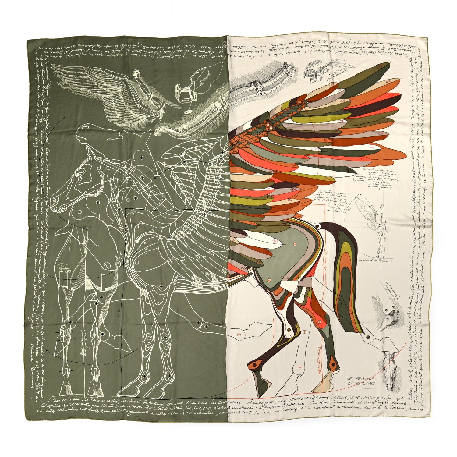 Hermes Silk Le Pegase d'Hermes Cut Wash 140 Scarf Kaki Gris Perle Or 1 of 8
