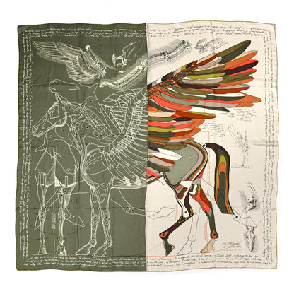 Hermes Silk Le Pegase d'Hermes Cut Wash 140 Scarf Kaki Gris Perle Or 1 of 8