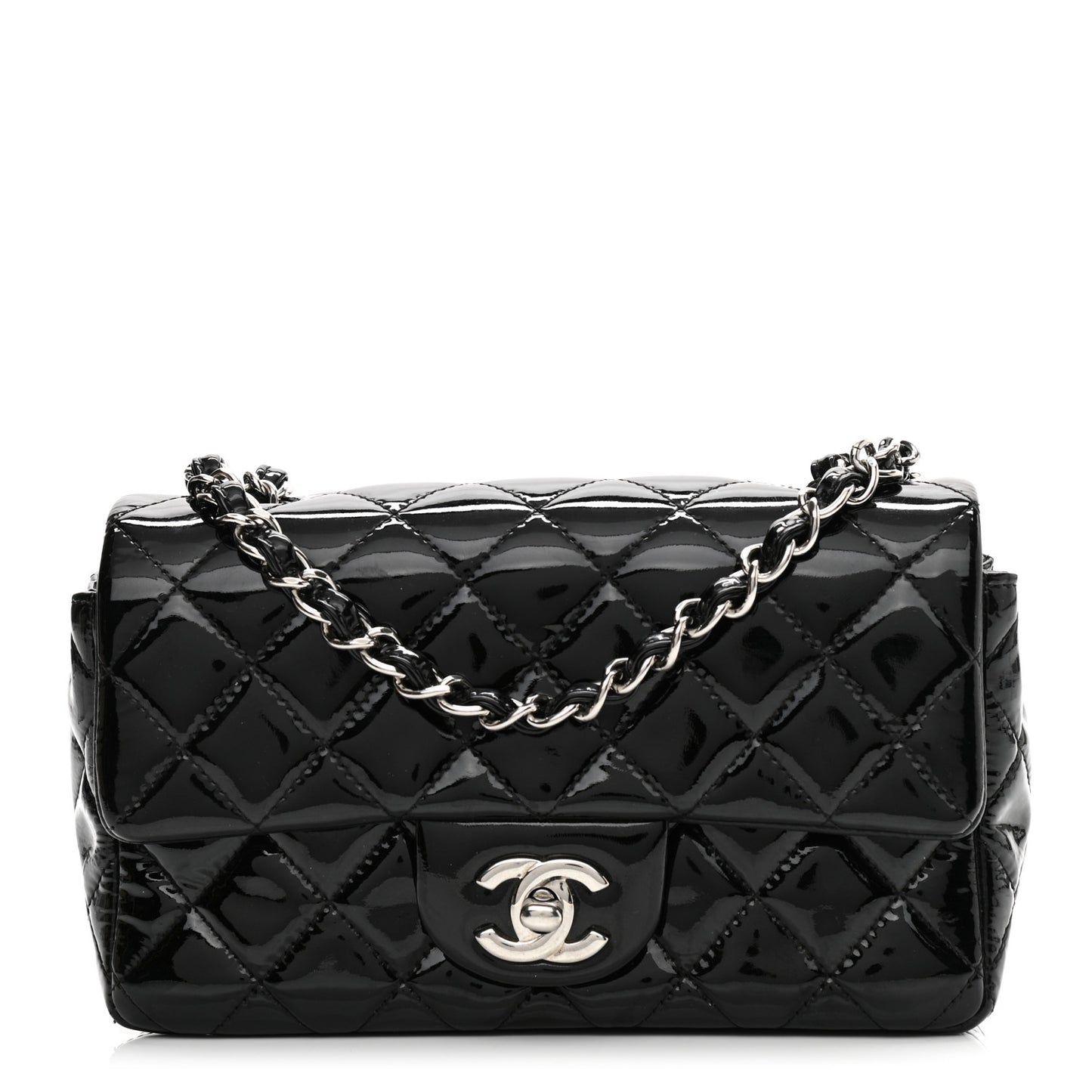 Patent Calfskin Quilted Mini Rectangular Flap Black