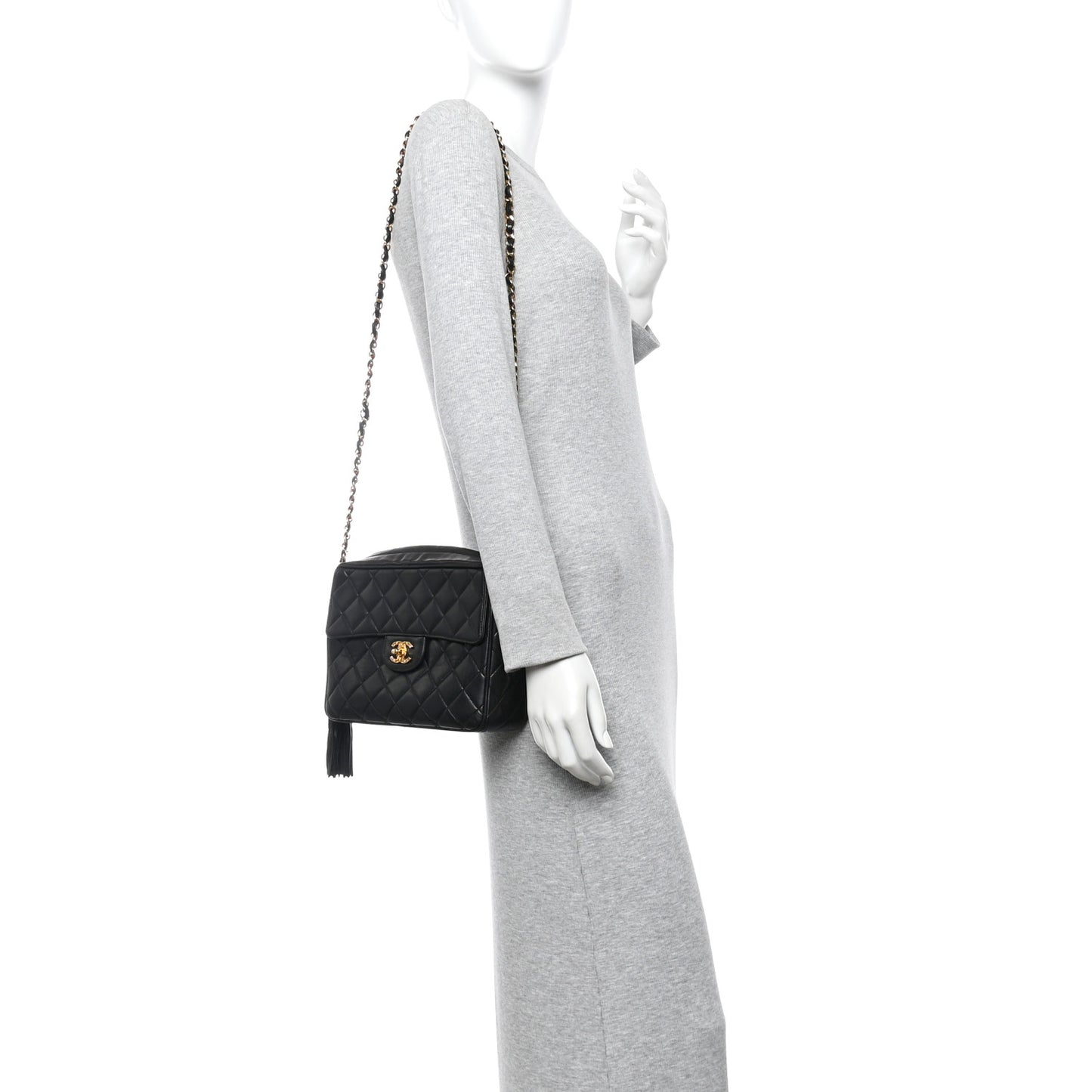 Lambskin Quilted Flap Camera Tassel Case Black