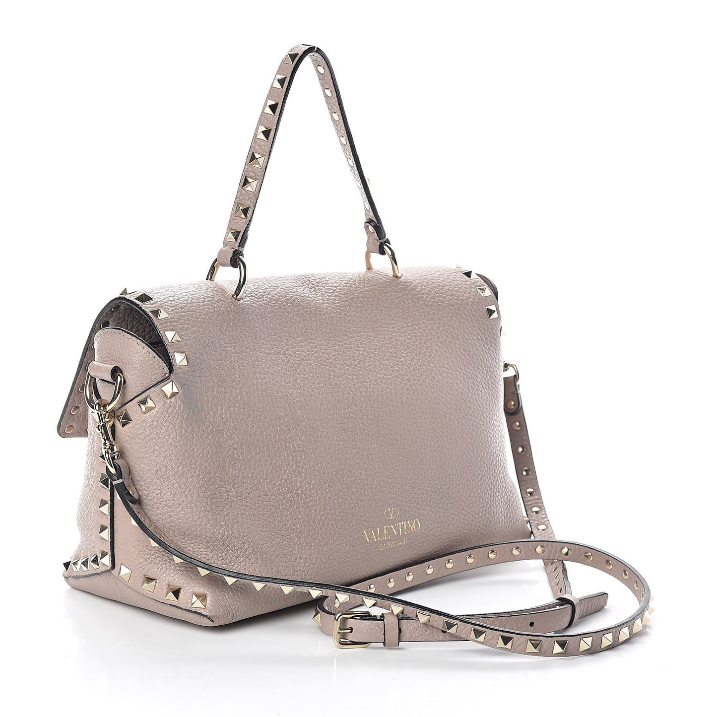 Pebbled Calfskin Rockstud Single Handle Flap Bag Poudre