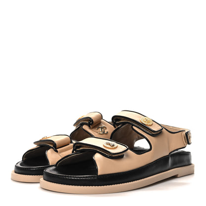 Chanel Lambskin Velcro Dad Slide Sandals 41 Beige Black 3 of 9