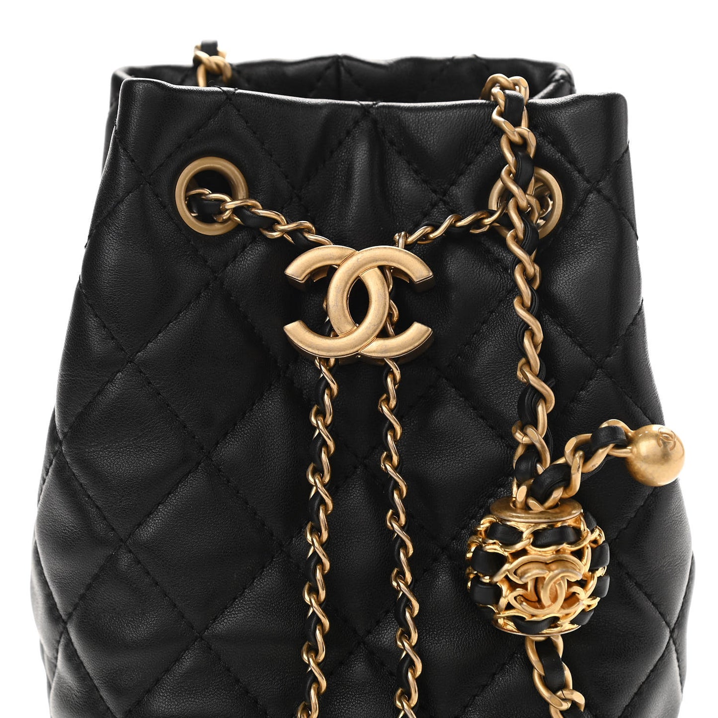 Lambskin Quilted Pearl Crush Drawstring Bag Black