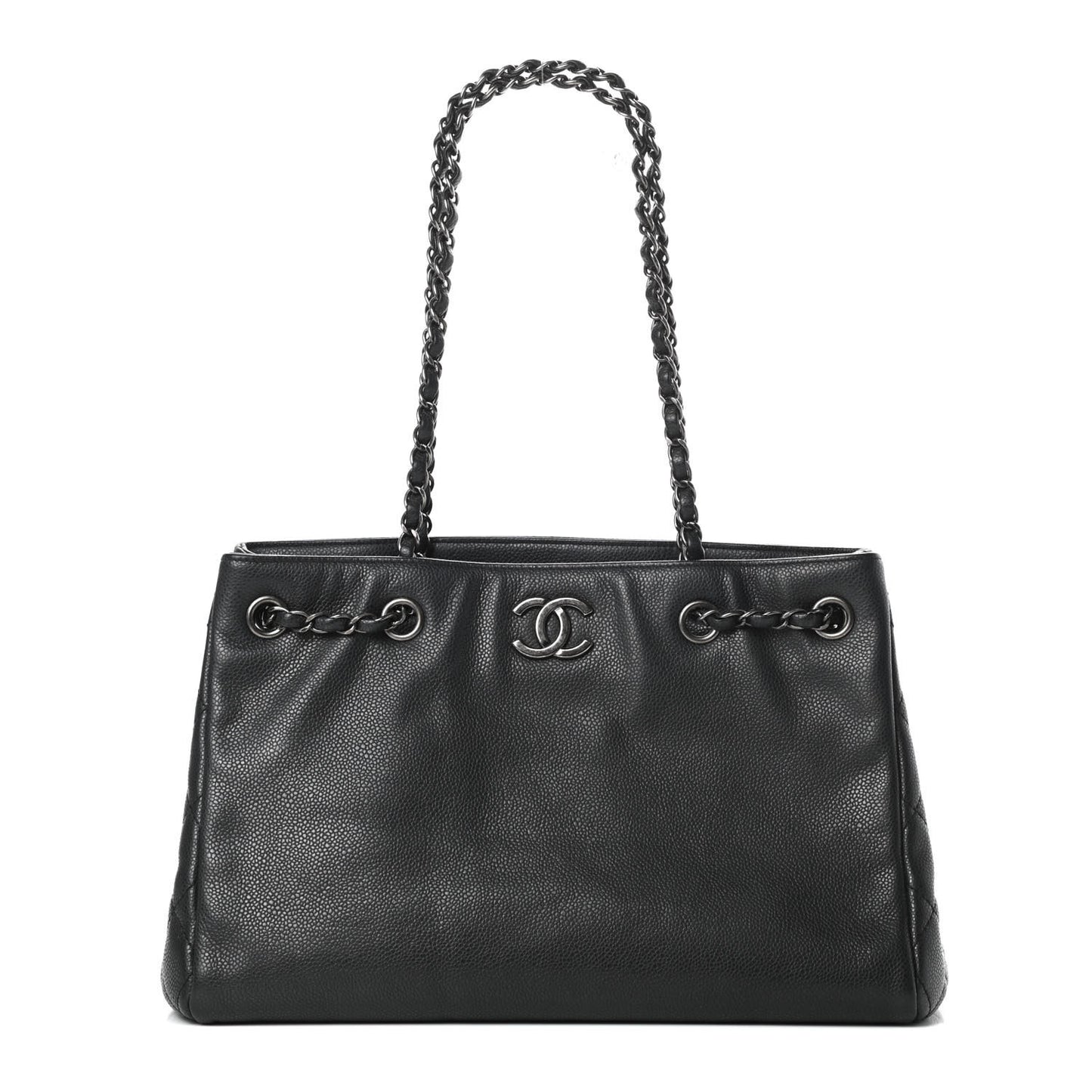 Metallic Grained Calfskin Medium Woven Chain Shopping Tote Black