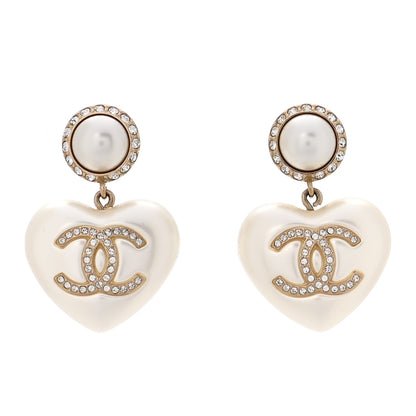 Chanel Pearl Crystal CC Heart Drop Earrings Gold 1 of 6