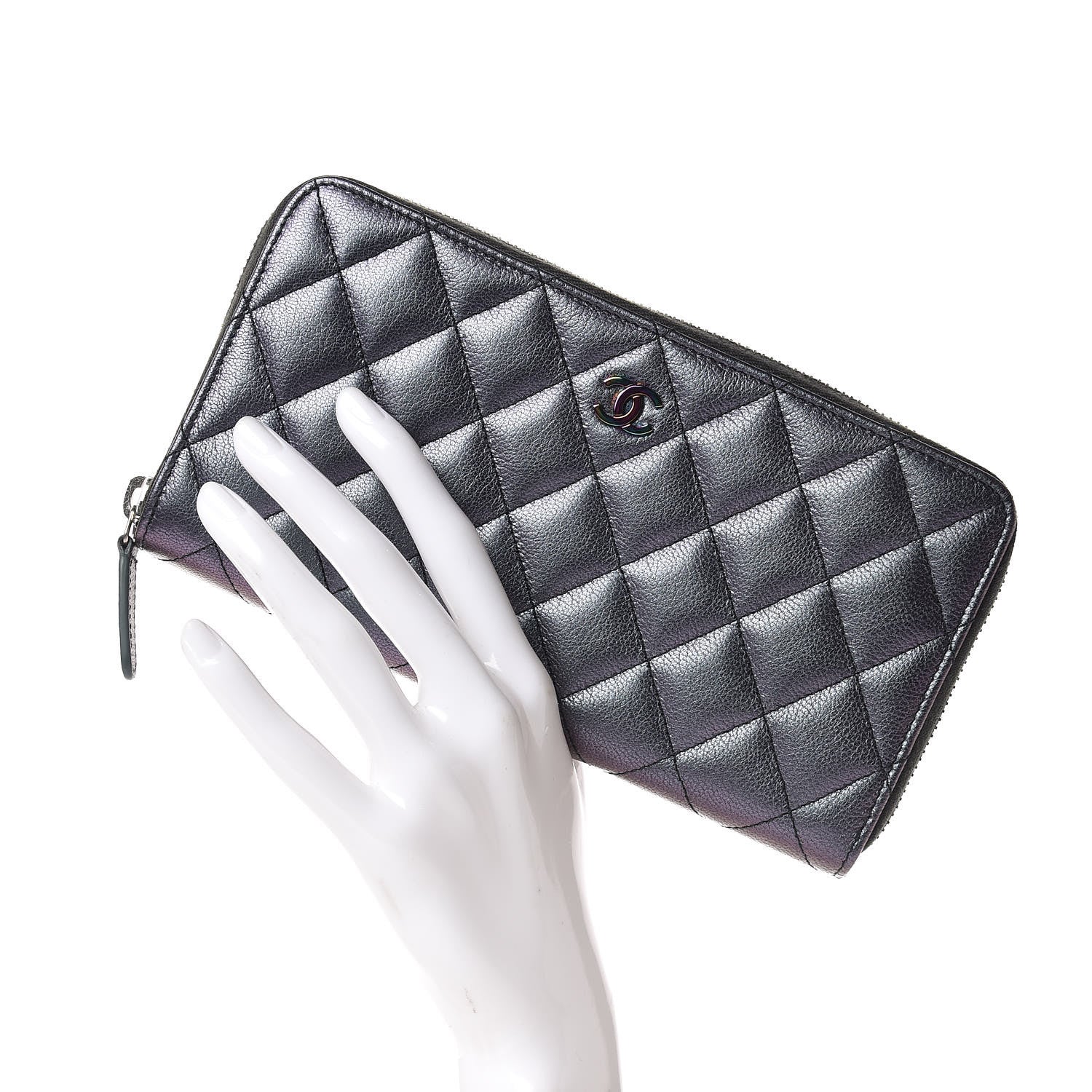 Chanel Iridescent Goatskin Quilted Large Zip Around Wallet Purple 2 of 11
