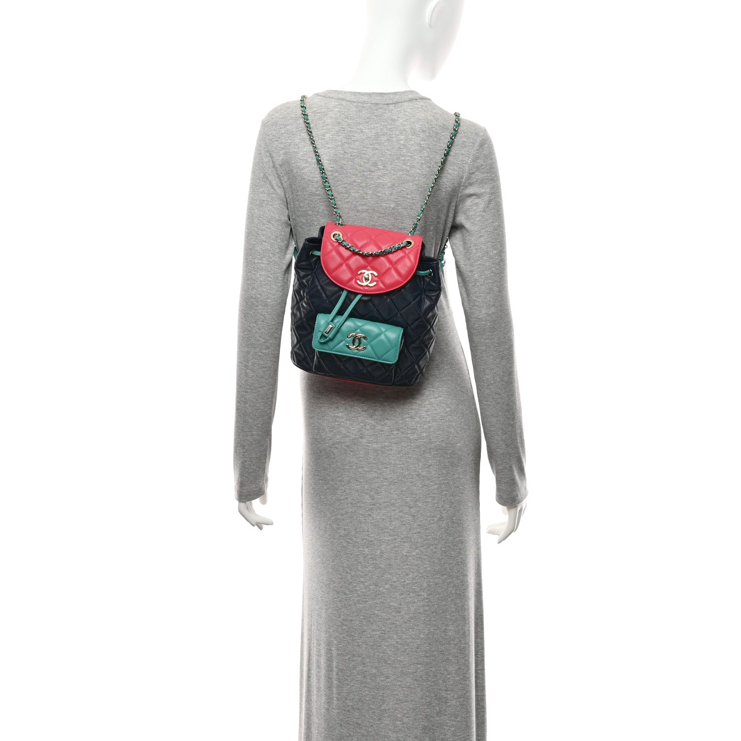 Chanel Goatskin Quilted Duma Drawstring Backpack Navy Turquoise Pink 2 of 10
