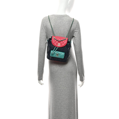 Chanel Goatskin Quilted Duma Drawstring Backpack Navy Turquoise Pink 2 of 10