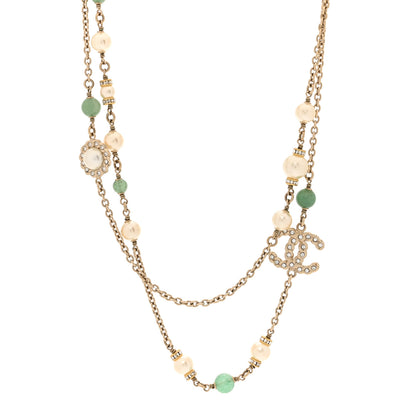 Chanel Crystal Beaded Pearl Pearls CC Coronation Multi Strand Short Necklace Gold Green 1 of 5