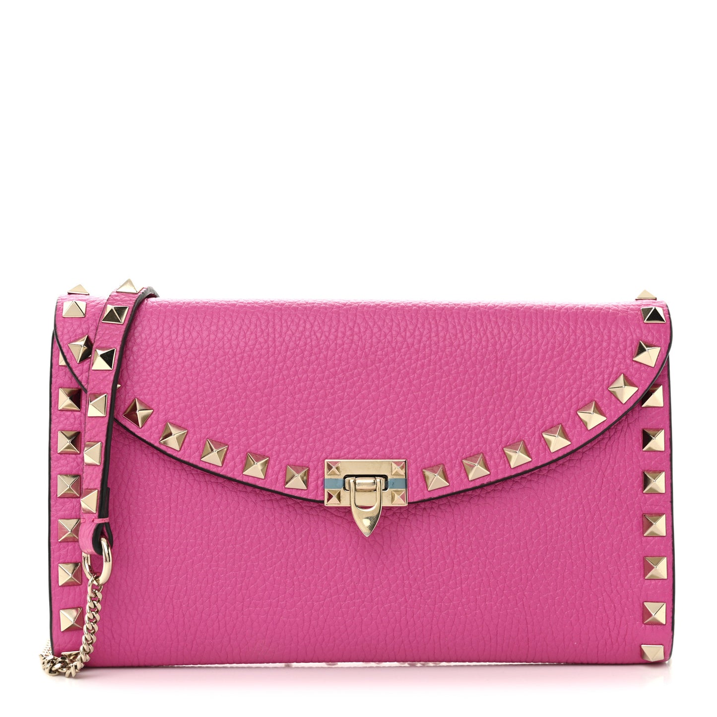 Grainy Calfskin Rockstud Flip Lock Wallet With Chain Pink PP