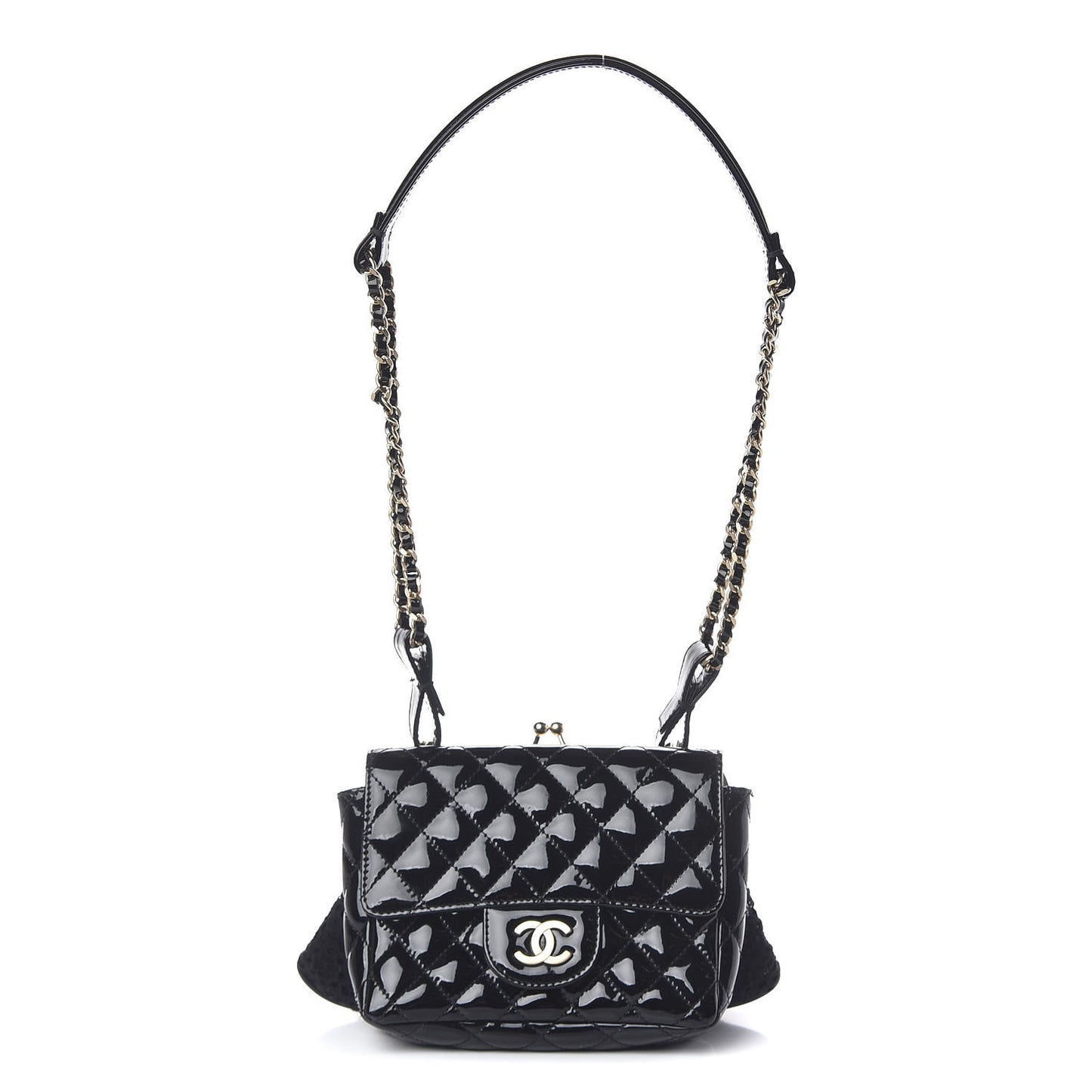 Patent Lace Mini Kiss Lock Double Bag Black