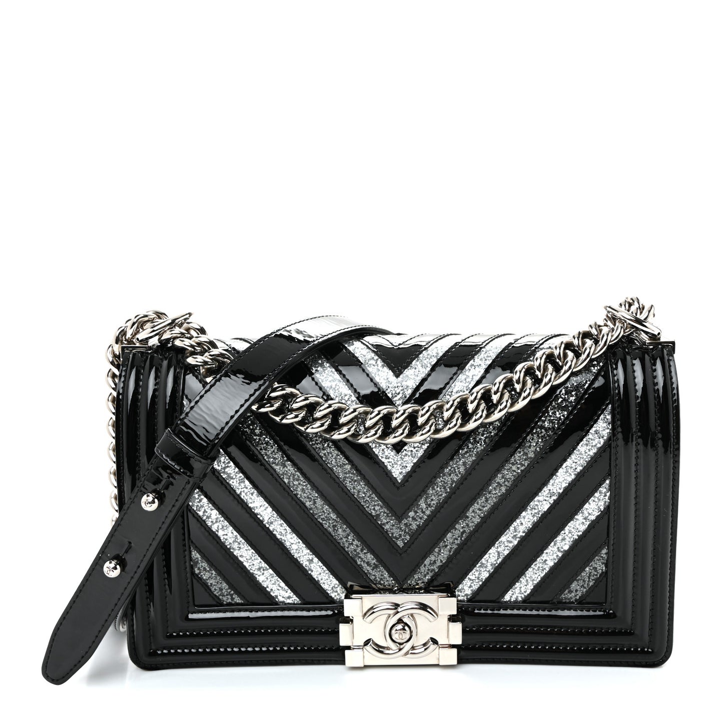 Patent Glitter PVC Chevron Quilted Medium Boy Flap Black Silver