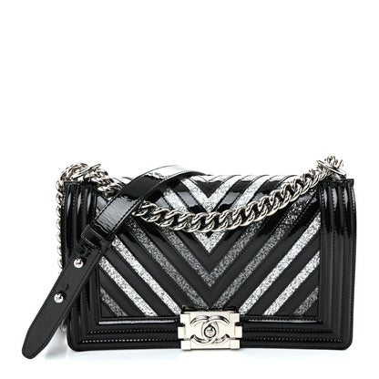 Chanel Patent Glitter PVC Chevron Quilted Medium Boy Flap Black Silver 1 of 9